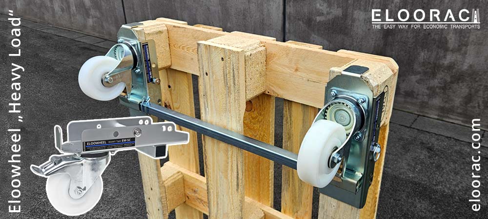 Das Bild zeigt eine Eckrolle Eloowheel SC, wie sie an einer EURO Palette angebracht ist.