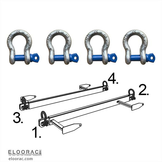 Das 4er Schäkel Set mit einer Tragkraft von 3,25 Tonnen. Zusehen sind die Schäkel an einem Palettenheber von Eloorac.